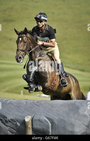 New Zealand's Andrew Nicholson on Viscount George in the Cross Country during day four of the Barbury International Horse Trials at Barbury Castle, Wiltshire. Stock Photo