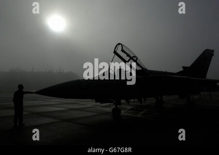 Thick fog stops flying at RAF Leeming as their two squadrons of Tornado F3 aircraft are prepared for deployment to the Gulf as preparations continue in the event of a war with Iraq.