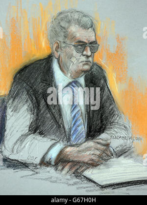 Court artist sketch by Elizabeth Cook of moors murderer Ian Brady appearing via video link at Manchester Civil Justice Centre.