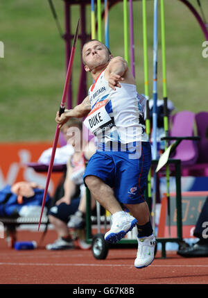 Great Britain's Kyron Duke in action in the Men's Javelin - F41 in The Sainsbury's IPC Grand Prix Final during day one of the Birmingham Diamond League athletics meeting at the Birmingham Alexander Stadium, Birmingham. Stock Photo