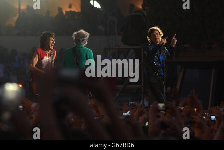 The Rolling Stones perform on stage during Barclaycard British Summer Time in Hyde Park, London. Stock Photo