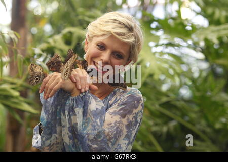 Actress Emilia Fox holds butterflies in the RHS Butterfly Dome with Eden, at the RHS Hampton Court Palace Flower Show, East Molesey, Surrey. Stock Photo