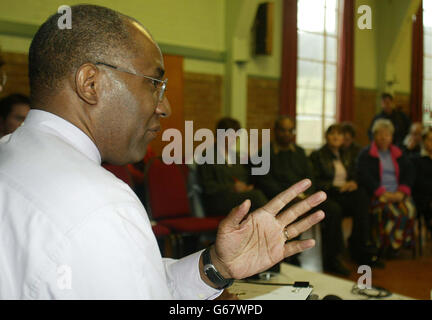 The new Chairman of the Commission for Racial Equality, Trevor Phillips, gives a speech to group leaders and local people at the Holy Nativity Church in Mixenden near Halifax, West Yorkshire. * He told community leaders in the council ward which elected a BNP candidate for the first time earlier this year, that he believed their neighbourhood had been 'tarnished with a brush that really doesn't belong on it'. In January BNP candidate, Adrian Marsden, triumphed in a by-election for Calderdale Council in the ward. Stock Photo