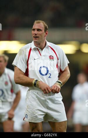 England's Lawrence Dallaglio in action during England's 26-9 victory over Wales in their RBS 6 Nations game at the Millennium Stadium. 01/10/03: Lawrence Dallaglio, who insists England's triumphant summer tour to New Zealand and Australia will count for nothing during the World Cup. Clive Woodward's men defeated the Tri-Nations heavyweights in June, registering England's first victory over the All Blacks for 30 years and tasting success against the Wallabies on their own turf for the first time. Those results helped keep England at the top of the world rankings and appear ideal preparation Stock Photo