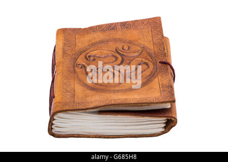 Ancient antique handmade eastern indian embossed leather book with print Stock Photo