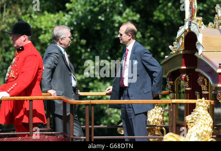 The Duke of York and The Earl of Wessex talk as Queen Elizabeth II is rowed down the river Thames near Windsor in the royal barge the Gloriana. Stock Photo