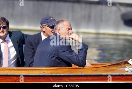 Sir Steve Redgrave forms part of the procession as Queen Elizabeth II is rowed down the river Thames near Windsor in the royal barge the Gloriana. Stock Photo