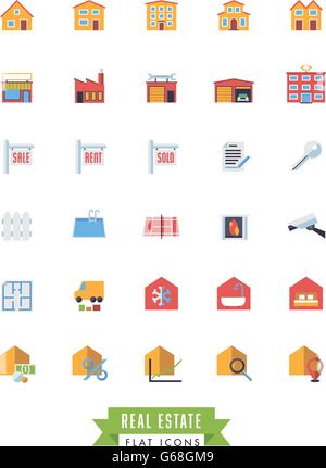 Collection of real estate flat design icons on white background Stock Vector