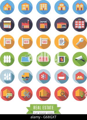Collection of real estate flat design long shadow icons in colored circles Stock Vector