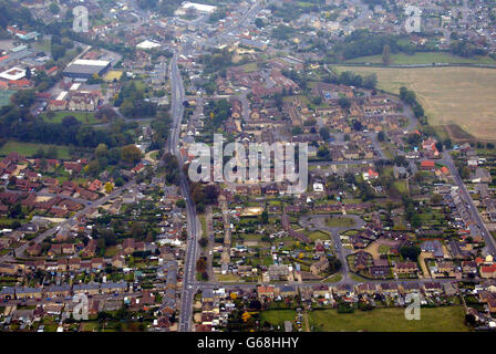 Soham Aerial. Aerial photograph of Soham showing the Village College (background) and the home of Holly Wells. Stock Photo