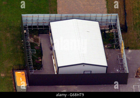 Soham Aerial. Aerial photograph of Soham Village College showing the school 'Hanger'. Stock Photo