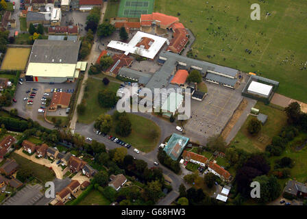 Aerial photograph of Soham Village College showing the home of the caretaker (bottom centre), and the school 'Hanger' (right). Stock Photo