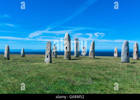 Ancient Monuments With Holes In Field of Green Grass Against Sea and Blue Sky Stock Photo