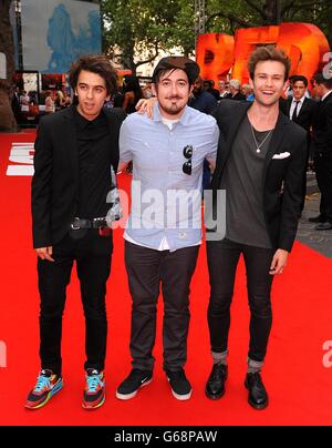 (L-R) Dru Wakely, Ashley Horne and Stefan Abingdon from The Midnight Beast arriving at the UK Premiere of Red 2, at the Empire Leicester Square cinema in London. Stock Photo