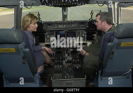 The Countess of Wessex with Flt Lt. Neil Clancy at the controls of a C17 Globemaster at RAF Brize Norton as she and her husband, the Earl of Wessex, became the latest members of the Royal Family to show their support for Britain's armed forces. * They spent nearly an hour talking to some 50 families, many of whom said it was a 'real boost' to have the royal couple's backing. Around 500 people are on six-month deployments from the base, mostly from 101 and 10 Squadrons, flying VC10 tankers; 216 Squadron, operating Tristar tankers; and 99 Sqn, operating giant Globemaster C-17 transporters. Stock Photo