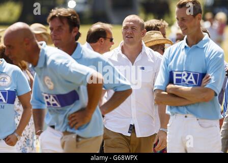 Zara Phillips' husband, Mike Tindall, looks on as his wife competes in a charity polo match at the Tidworth Polo Club near Salisbury. Stock Photo