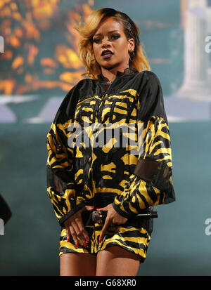 Rihanna performs on the main stage during the 20th T in the Park music festival at Kinross. Stock Photo