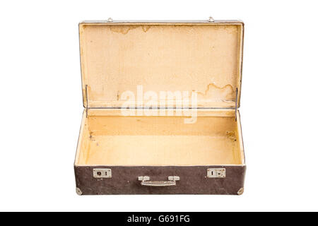 Old opened suitcase isolated on white Stock Photo