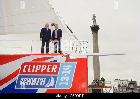 Sir Robin Knox-Johnston (left) and Sports Minister Hugh Robertson aboard the yacht 'Great Britain' at a launch event in Trafalgar Square, London. Stock Photo