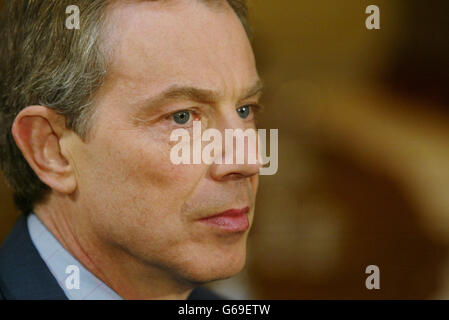 Britain's Prime Minister Tony Blair speaking at No.10 Downing Street, London, in an interview to be broadcast tonight to British troops. 22/04/2003: Labour's lead over the Conservatives has doubled since before the war in Iraq, according to a poll published, Tuesday April 22, 2003. The Prime Minister's approval rating has risen 27 points since February, the ICM poll for today's Guardian Stock Photo