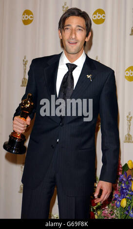 Actor Adrien Brody with his Best Actor Oscar for The Pianist at the 75th Academy Awards, Oscars, at the Kodak Theatre in Hollywood, Los Angeles. Stock Photo