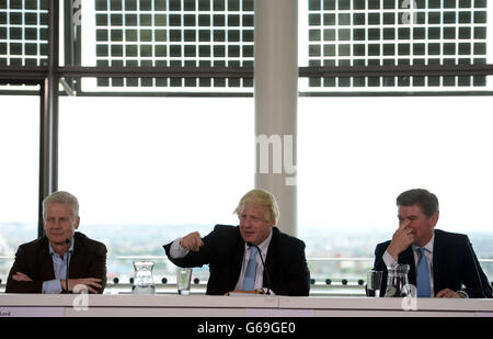 (left to right) Commercial Secretary to the Treasury and former LOCOG CEO Lord Paul Deighton, Mayor of London Boris Johnson and Minister for Sport Hugh Robertson during a press conference at the City Hall, London. Stock Photo