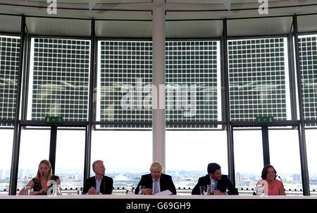 (left to right) Anna Watkins of Team GB, Commercial Secretary to the Treasury and former LOCOG CEO, Lord Paul Deighton, Mayor of London Boris Johnson, Minister of Sport and Tourism Hugh Robertson and ParalympicsGB for sitting Volleyball Martine Wright during a press conference at the City Hall, London. Stock Photo