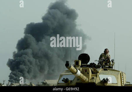 A Challenger 2 tank of the Scots Dragoon guards after being involved in action in Basra, southern Iraq. Photo by Dan Chung, The Guardian, MOD Pool Stock Photo