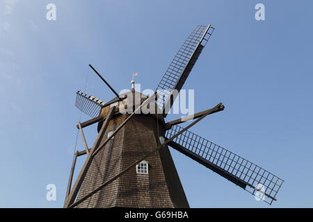 Lyngby, Denmark - June 23, 2016: The historic Fuglevad windmill in the Frilands Museum. Stock Photo