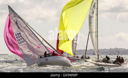 Sailing - Aberdeen Asset Management Cowes Week - Day One - Isle of Wight. The J80 fleet start racing during day one of the Aberdeen Asset Management Cowes Week, Isle of Wight. Stock Photo