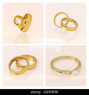 Golden wedding rings set. Two rings connected in a heart shape. Gold ring with diamonds. Pink background. Love and marriage conc Stock Photo