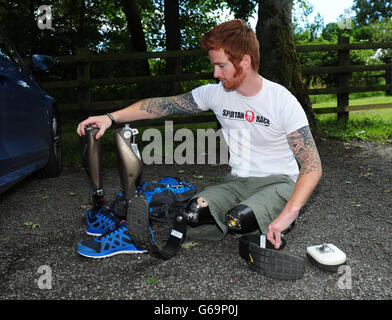 Lance Bombardier James Simpson of the Royal Artillery during a training session in woods near Otley, Leeds, ahead of the Spartan Race he is competing in September. Stock Photo