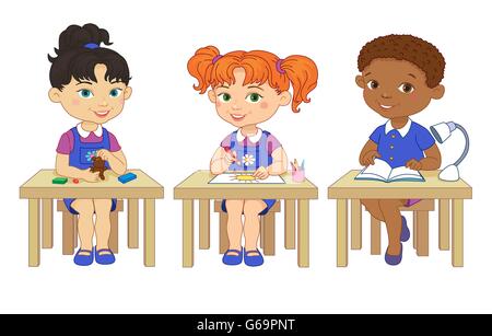 Funny pupils sit on desks read draw clay cartoon illustration Stock Vector