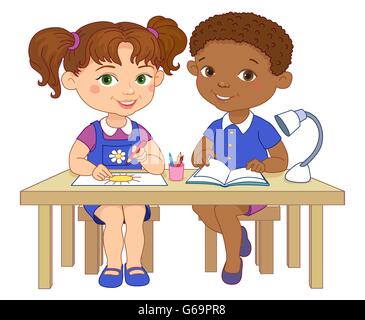 Funny pupils sit on desks read draw clay cartoon illustration Stock Vector