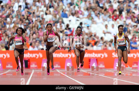 USA's Barbara Pierre (left) Nigeria's Blessing Okagbare (centre left) Ivory Coast's Murielle Ahoure (centre right) and Trinidad's Kelly-Ann Baptiste during the women's 100 metres heat two during day two of the IAAF London Diamond League meeting at the Olympic Stadium, London. Stock Photo