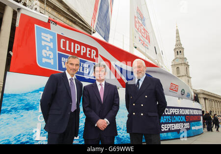(left to right) Chief Executive of Clipper Ventures William Ward, Sports Minister Hugh Robertson and Sir Robin Knox-Johnston at a launch event for the yacht 'Great Britain' in Trafalgar Square, London. PRESS ASSOCIATION Photo. 'Great Britain' will be the flagship of the Clipper Round the World Yacht Race, which starts on 1 September 2013. Picture date: Wednesday July 31, 2013. Photo credit should read: Dominic Lipinski/PA Wire Stock Photo