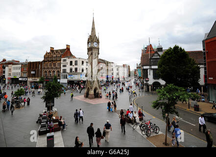 General view of the Haymarket Memorial Clock Tower in Leicester's city centre, Leicester. Stock Photo