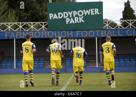 Farnborough FC players, who have changed their name by deed poll to that of legendary footballers, trains at Cherrywood Road in Farnborough, during the launch of a new sponsorship deal with Paddy Power. Stock Photo