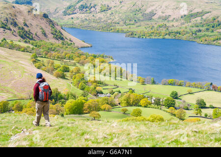 Female walker on footpath between Howtown and Patterdale with views over Ullswater. Lake District, England. UK Stock Photo