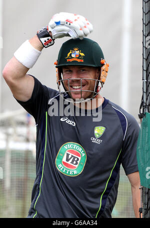 Cricket - Third Investec Ashes Test - England v Australia - Australia Nets - Old Trafford. Australia's David Warner shares a joke during a nets session at Old Trafford, Manchester. Stock Photo