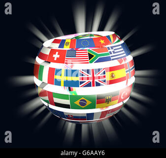 illustration of National flags twisted as spiral globe with rays Stock Photo