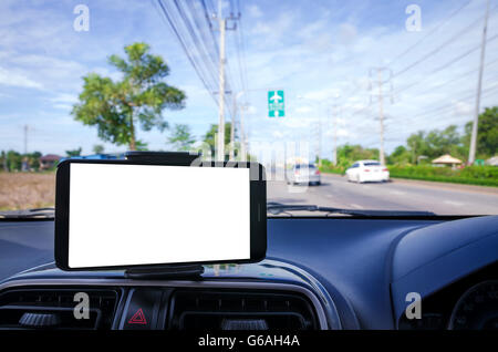 Blank mobile smart phone selective focus on road to go to air port background shallow depth of field Stock Photo