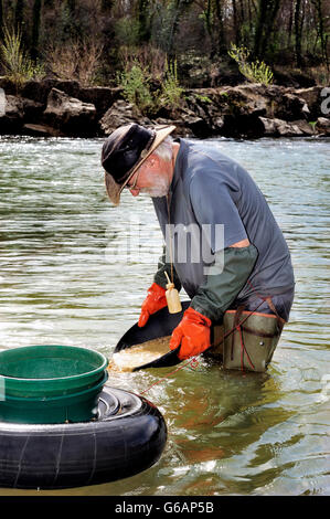 Gold digger in France in the region of Cevennes and the department of Gard in the middle of the river called Le Gardon Stock Photo