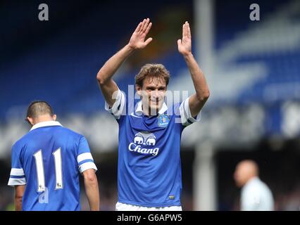 Everton's Nikica Jelavic celebrates after scoring his team's opening goal Stock Photo