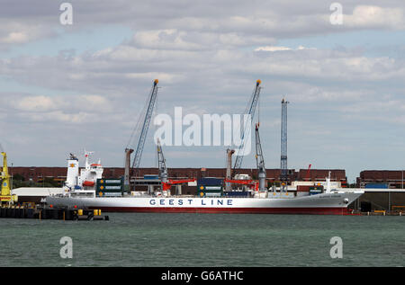 A General view of a container ship in Portsmouth. A General view of a container ship in Portsmouth Stock Photo