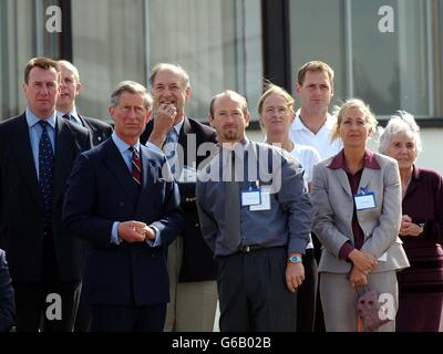 The Prince of Wales (3rd left) joins the Vacher family to watch as Polly Vacher and her Piper Dakota single engined plane set off from Birmingham International Airport, on their Trans Polar solo circumnavigation of the world. Stock Photo