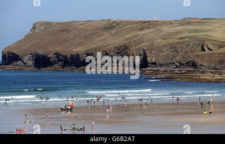 A general view of the Polzeath beach close to where the Prime Minister David Cameron and his wife Samantha are spending their summer holiday in North Cornwall. Stock Photo