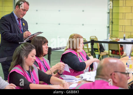 Kelso, UK. 23.Jun.2016.   European Union Referendum 2016 Counting in the Scottish Borders voting area. Springwood Hall, Kelso. MSP Paul Wheelhouse casts a watchful eye over the counting of ballot papers. A referendum is being held on Thursday, 23 June, to decide whether Britain should leave or remain in the European Union.  Credit:  Rob Gray/Alamy Live News Stock Photo