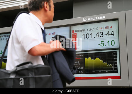A trading board shows that exchange rates of Japanese yen against dollar on June 24, 2016 in Tokyo, Japan. As it became apparent that British voters would opt to leave the EU, markets across the globe began to tumble. The Nikkei index in Japan fell by over 1000 points, its largest one day drop since the Great East Japan Earthquake and Tsunami of March 2011. The pound also tumbled by over 10 percent against japanese yen. © Yohei Osada/AFLO/Alamy Live News Stock Photo