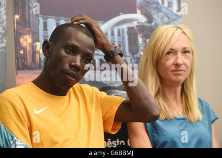 Olomouc, Czech Republic. 24th June, 2016. Runners from left: Stanley Kipleting Biwott of Kenya and Eva Vrabcova of Czech Republic attend a news conference prior to the Mattoni Olomouc Half Marathon 2016 in Olomouc, Czech Republic, June 24, 2016. Credit:  Ludek Perina/CTK Photo/Alamy Live News Stock Photo